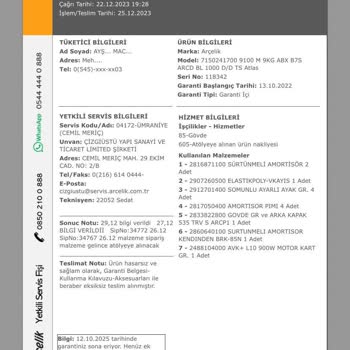 Arçelik 9100M Çamaşır Makinesi Fabrikasyon Hatalı!