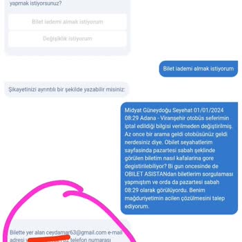 Midyat Güneydoğu Seyahat Biletimin İptalinin Haber Verilmemesi