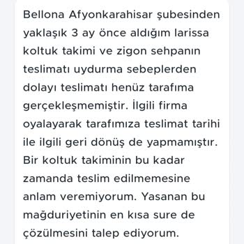 Afyonkarahisar Bellona Mağazası Teslimat Sorunum