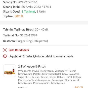 Trendyol Yemek Burger King Yemek Siparişinde Sorun