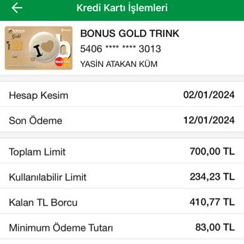 Garanti Bankası'ndan 700 TL'lik Karta Yansıtılan 412Tllik Kart Ücreti