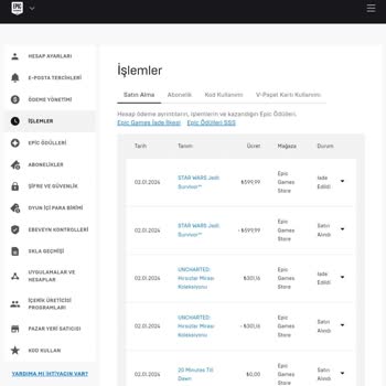 Epic Games Sitesinin Ücret İade Politikası.
