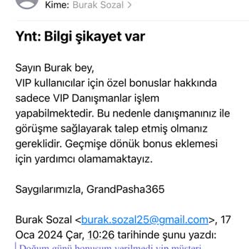 GrandPashaBet Doğum Günü Bonusumu Vermiyor