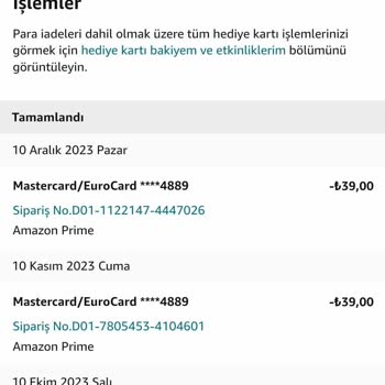 iyzico Amazon Prime Banka Kartından 39,00TL. Para Çekiyor