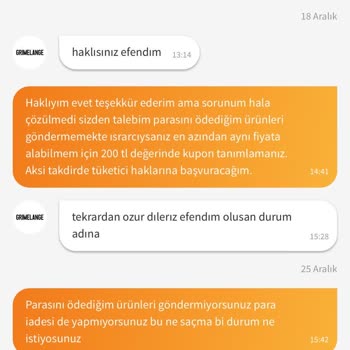 Grimelange'ın Eksik Ürün Gönderimi Ve Para İadesi Yapmaması