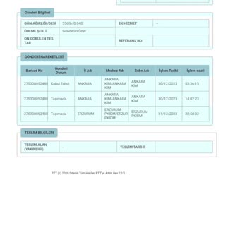 PTT Kargo Erzurum PTT Sorumsuzluğu