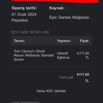 Epic Games Paramı İade Etmedi
