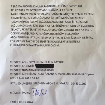 telkotürk Telko Türk Abone İptali Sağlamamakta Ve Her Ay Para Avcılığı Yapmakta