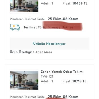 Vivense Sipariş Edilen Masa Takımının Teslimat Sürecinde Yaşanan Sorunlar
