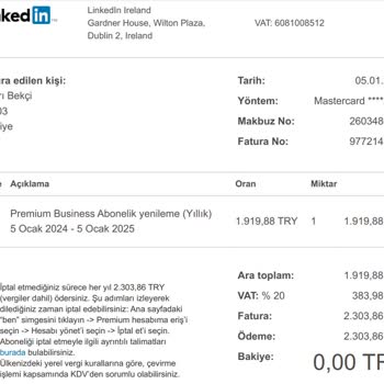 Linkedin Bildirim Göndermeden Karttan 2303,86 TL Çekiyor
