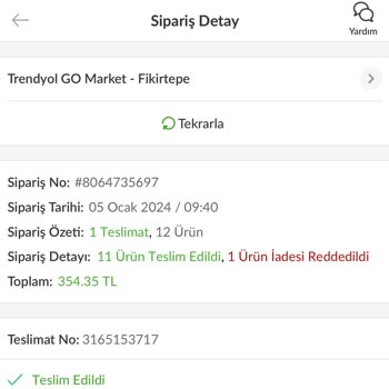 Trendyol Hızlı Market Trendyol GO Fikirtepe Eksik Ürün Ücret İadesi Yapılmıyor.