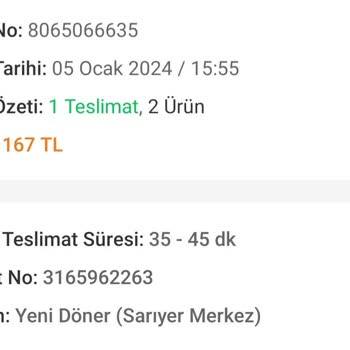 Yeni Döner Sarıyer Parasını Alıp Siparişi Eksik Gönderip İade Yapmaması