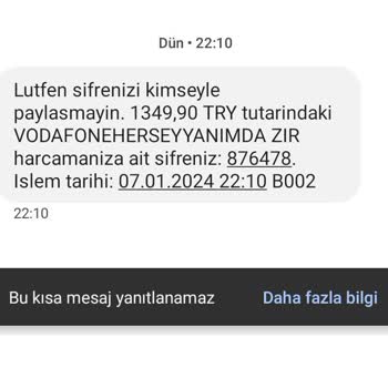 Vodafone Her Şey Yanımda Yanlışlıkla Yapılan 1349,90 TL'lik Vodafone Harcaması