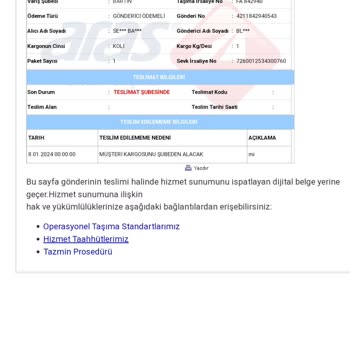 Aras Kargo Bartın Çatmaca Şubesi Kargomu Dağıtıma Çıkartmıyor