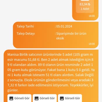 Manisa Birlik Siparişimi Eksik Gönderdi. Ürün Resimleri Yanıltıcı.