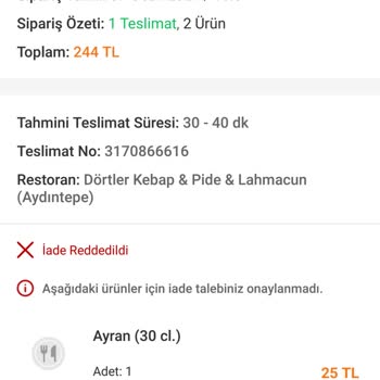 Trendyol Yemek Ve Dörtler Kebap Siparişimi Teslim Etmedi