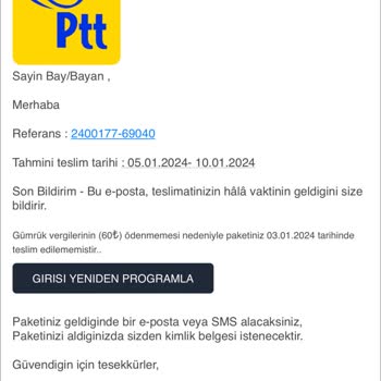 0850 938 30 07 PTT Bekleyen Kargo Mesajı!