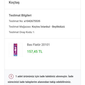 Koçtaş Ürün Hâlâ Satışta. Ama Teslim Yapmıyor. İade Başlatmış