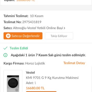 Trendyol Altınoğlu Vestel Öncüler Teknik Servis Kurutma Makinesi