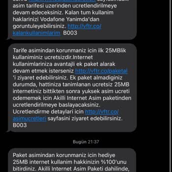 Vodafone Tarife Aşımı, El Paket Ücreti