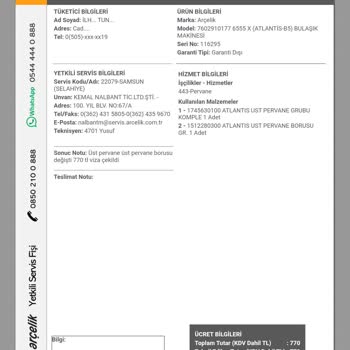 Arçelik Servisinin Yüksek Para Tahsilatı