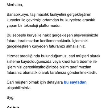 Banabi Kurye Fatura Düzenlemiyor