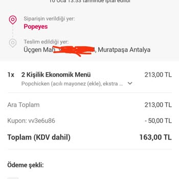 Popeyes Muratpaşa Yemek Sepeti Şubesi Yemeği 3 Saatte Getiremedi