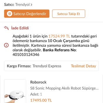 Trendyol Roborock S8 Değişim Yapmıyor