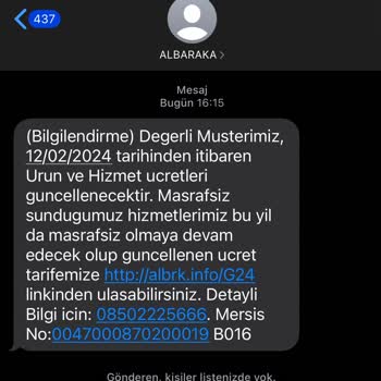 Albaraka Türk SMS Bilgilendirmesi Almak İstemiyorum