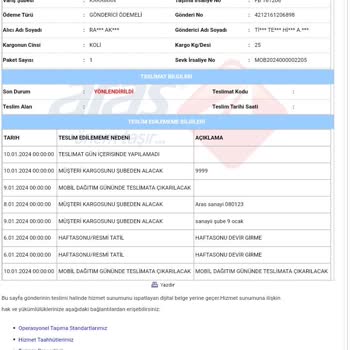 Aras Kargo Bilgim Dışında Kargomun İade Edilmesi