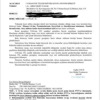 Vodafone Haber Verilmeden İcra Fiyaskosu