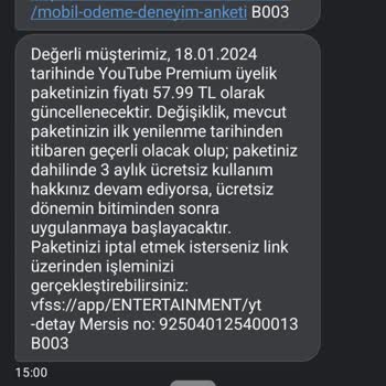 Vodafone Youtube Premium Ek Paketi Fatura Yansıtarak 9,99 TL Olmalı