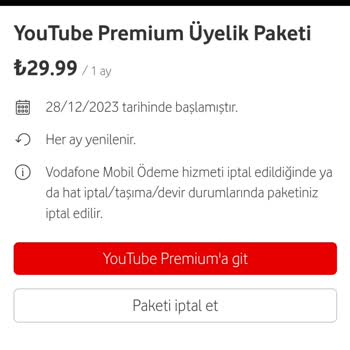 Vodafone Youtube Premium Ek Paketi Fatura Yansıtarak 9,99 TL Olmalı