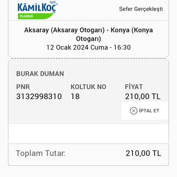 Kamil Koç 12.01.2024 16:30 Aksaray Otobüsü