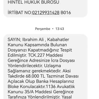 HINTELHB (SMS) Sanal Ortamda Sahte Kimlik Bilgileriyle Tehdit Edilme Durumu