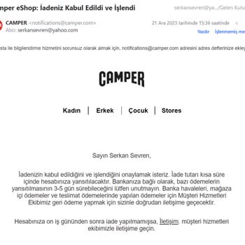 Camper Web Sitesi Üzerinden Verilen Siparişin İadesinde Yaşanan Sorunlar