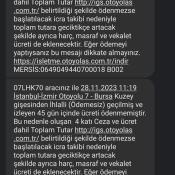 Otoyol A.Ş Otoyol Geçiş İhlali Mesajı Hakkında Şikayet