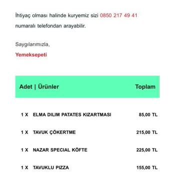 Yemeksepeti Sipariş İçin Fatura Veya Fiş Temin Edilememesi Sorunu