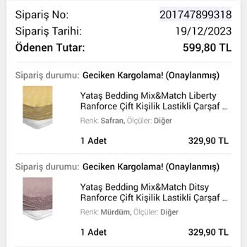 Yataş Lastikli Çarşaf Kargoya Verilmedi