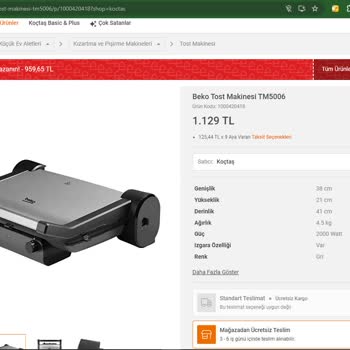 Koçtaş İnternet Üzerinden Satışa Sunulan Beko Tost Makinesi TM5006