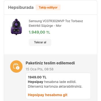 Hepsiburada Ürünün Kargoda İptal Olması.
