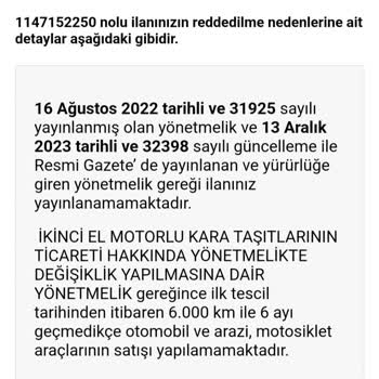 Sahibinden 6.000 Km Ve 6 Ay Sebebi İle İlanı Yayınlamaması