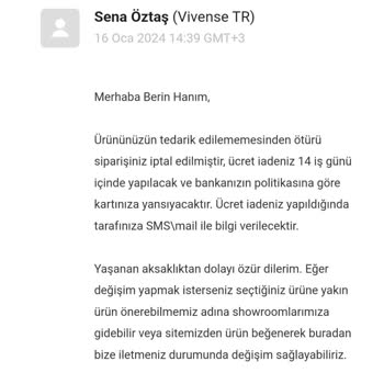 Vivense 2 Ay Beklettiler Ve Ürün Teslim Edilmedi Talebim Olmadan İptal Edildi