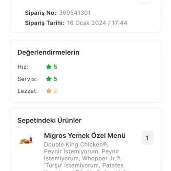 Burger King Tavuk Menü Pişmemiş