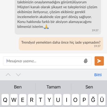 Trendyol Yemek Eksik Sipariş Üzerine İadem Reddedildi