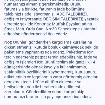 Korkmaz Mutfak Eşyaları Korkmaz Ürün Değişimi Yapmıyor, İade Yapıyor.