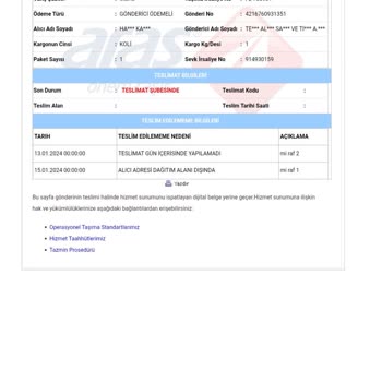 Aras Kargo Haber Verilmeden Geri Gönderilen Kargo