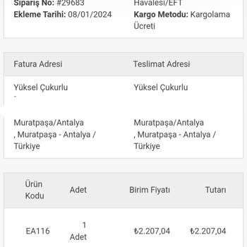 Aryagross Gönderilmeyen Sipariş