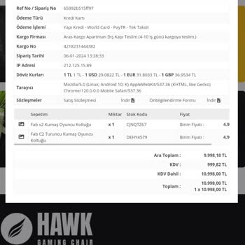 Hawk Gaming Chair Sipariş Büyük Hata