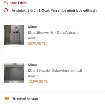 Minar Mobilya Bilgim Dahilinde Olmadan İade Edilen Trendyol Kargosu